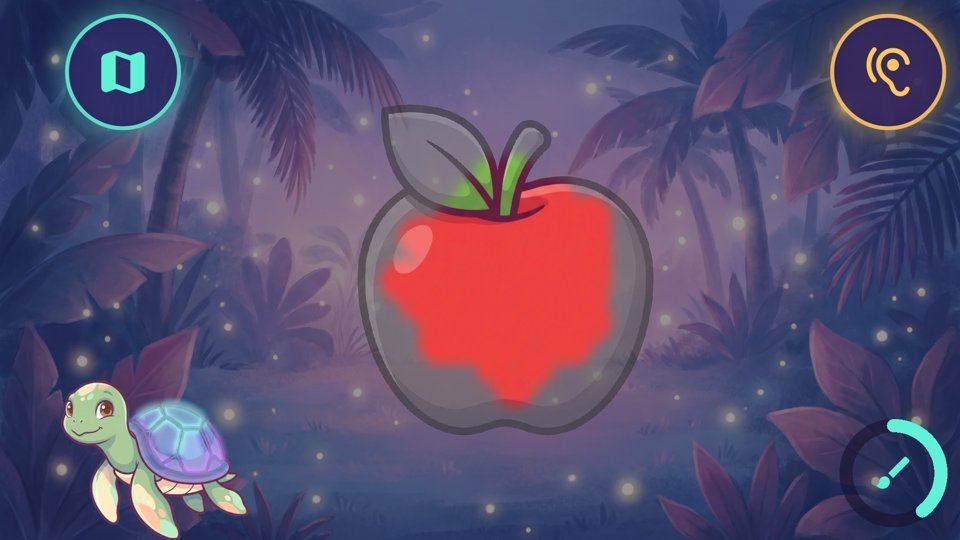 Phonics Safari: an apple colouring itself in as the child says aaa.