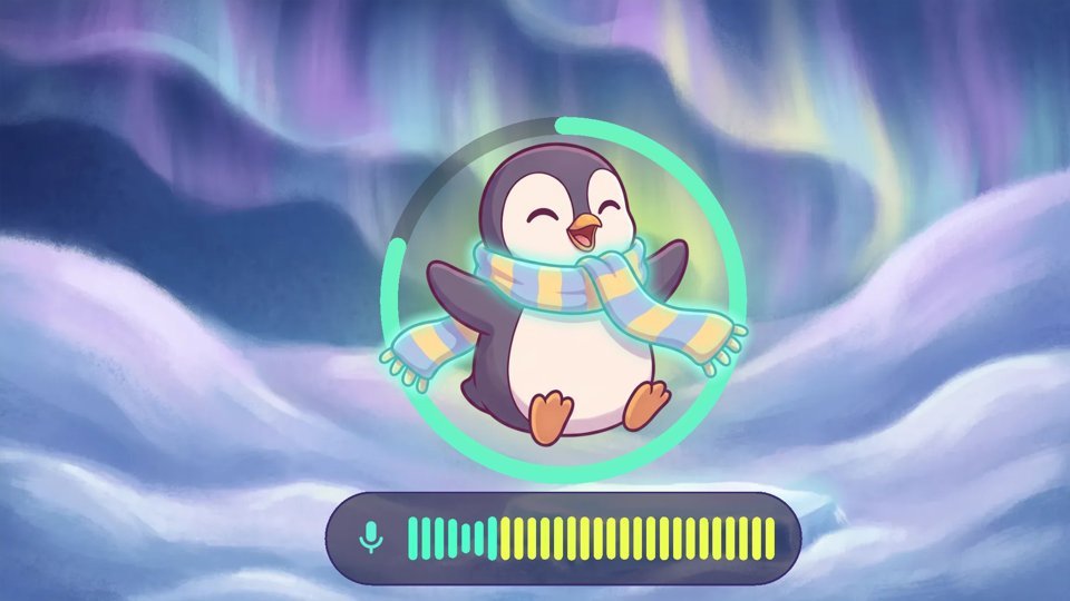 Pip the penguin's warm-up, glowing with the child's voice.